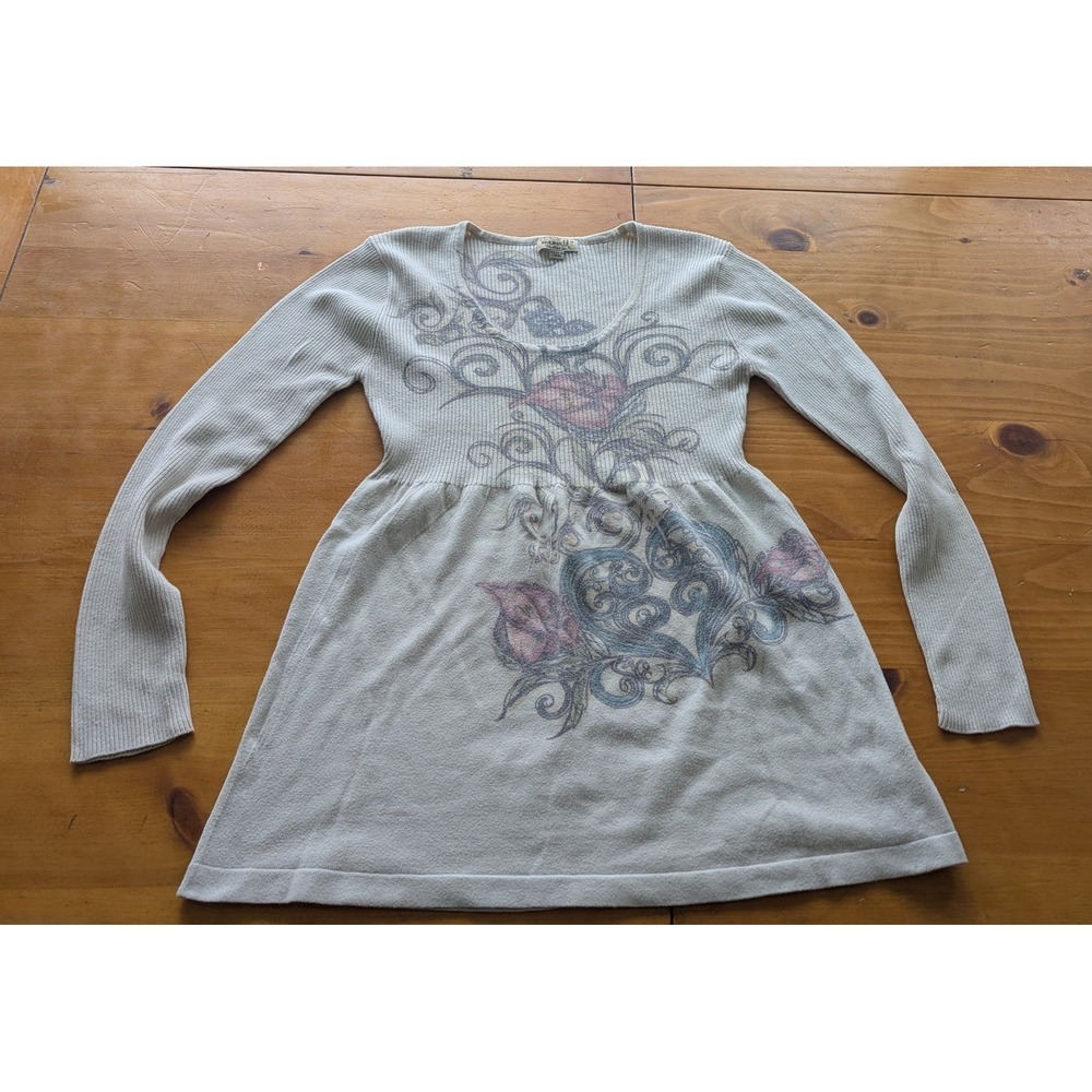 Womens Y2K Cream Ribbed Long Sleeve Tunic Top Graphic Print Size M